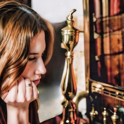 woman staring into fireplace